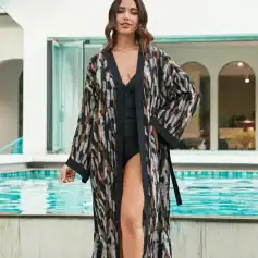 Stylish printed beachwear kimono with lightweight fabric, perfect for poolside or resort wear, available at Monalisa Store.
