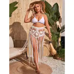 Elegant summer beach cover-up with crochet accents, fringes, and a high slit, perfect for resort vacations, poolside lounging, and seaside parties.