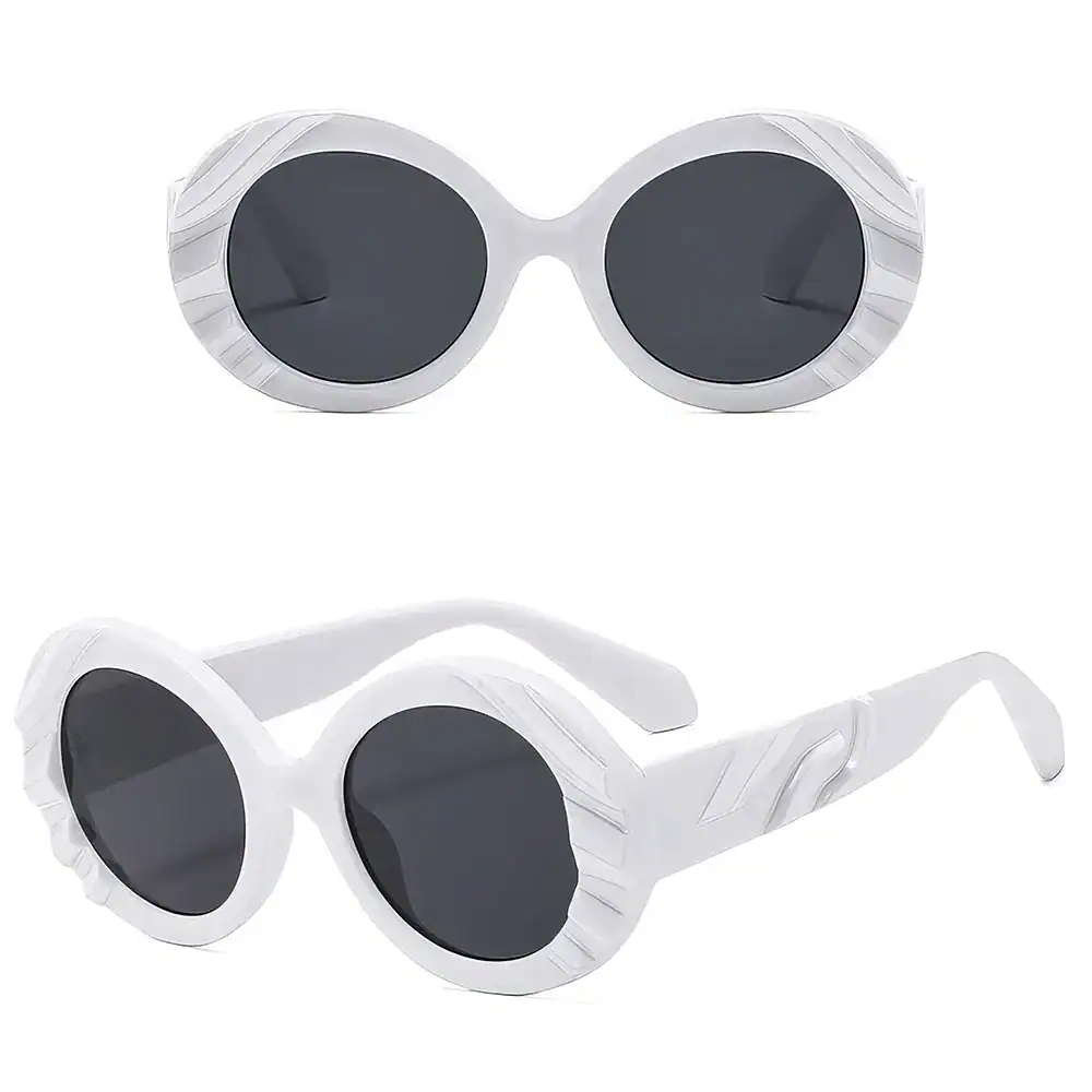 Stylish white round sunglasses with black tinted lenses, perfect for fashion-forward individuals. Durable frame and UV protection, ideal for sunny days and outdoor activities.