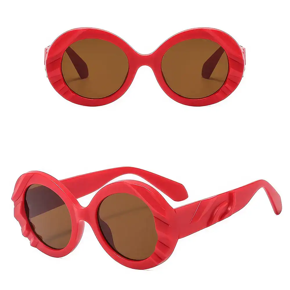 Stylish red-framed round sunglasses with brown tinted lenses, perfect for fashion and UV protection. Ideal for adding a bold statement to your summer or everyday look.