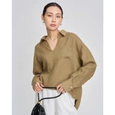 Elegant linen blouse for women, featuring a classic collar, front pocket, and relaxed fit; perfect for stylish and comfortable everyday wear.