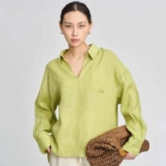 Elegant lime green linen blouse with a collar and relaxed fit, perfect for casual or professional look.
