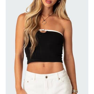 Women's strapless black and white crop top, perfect for summer fashion and casual wear, featuring a stylish design with comfortable fit, ideal for beach or street fashion.