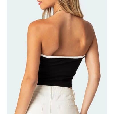 Elegant black crop top with white trim, perfect for casual or stylish outings.