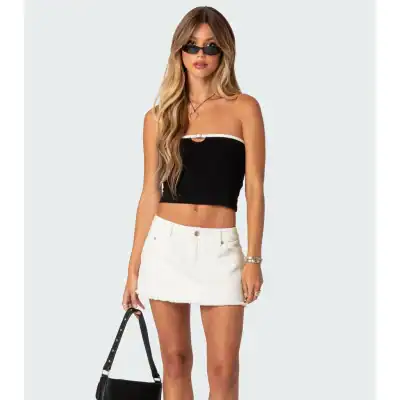 Stylish black strapless crop top with white detailing, perfect for trendy summer outfits and casual wear, available at Monalisa Store.