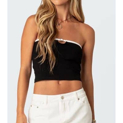 Elegant strapless black crop top with contrasting white trim, perfect for summer or casual outings. Stylish, comfortable, and versatile for everyday wear.