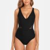 A stylish black crochet one-piece swimsuit featuring a V-neck design with mesh details on the sides, perfect for beach or poolside lounging.