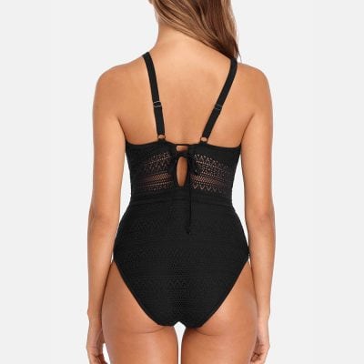 Chic black crochet swimsuit with back cutout, perfect for beach and pool, featuring adjustable straps for a comfortable fit.