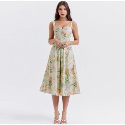 Stylish floral midi dress with a fitted bodice and flowing skirt, ideal for women seeking comfort and elegance.