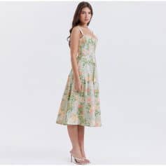 Elegant women's floral midi dress perfect for spring and summer occasions, featuring a fitted bodice, sleeveless design, and a flowing A-line skirt. Great for casual or semi-formal events.