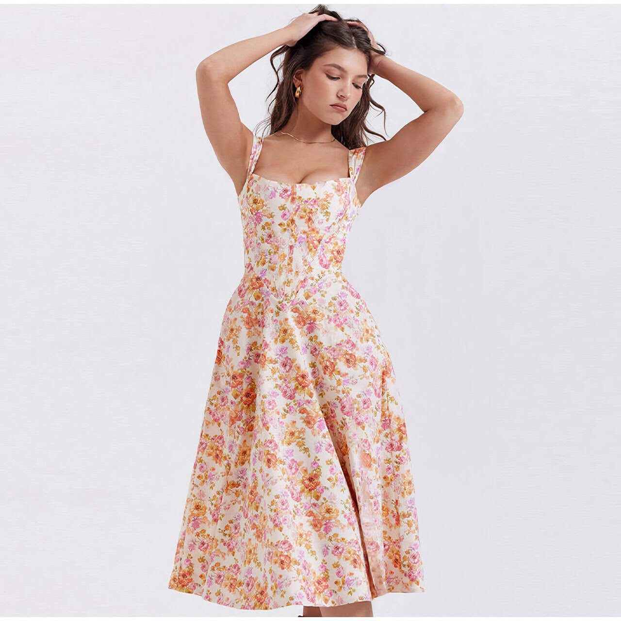 Women’s floral maxi dress with vibrant pink, yellow, and white patterns, perfect for summer and casual occasions, available at Monalisa Store.