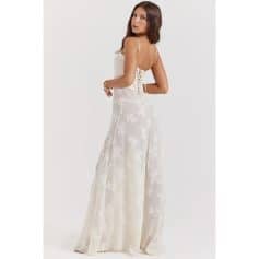 Elegant white butterfly patterned maxi dress with lace-up back and delicate spaghetti straps, perfect for stylish summer outfits or beachwear.