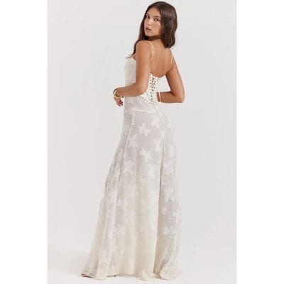 Elegant white butterfly patterned maxi dress with lace-up back and delicate spaghetti straps, perfect for stylish summer outfits or beachwear.