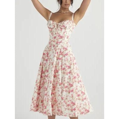 Beautiful vintage-inspired floral dress perfect for summer and special occasions. Made with lightweight fabric, featuring a fitted bodice and flowing skirt. Shop now for stylish women's dresses at Monalisa Medical.