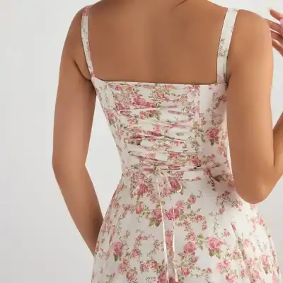 Beautiful floral sleeveless dress with a fitted silhouette, ideal for warm weather and casual or semi-formal occasions.
