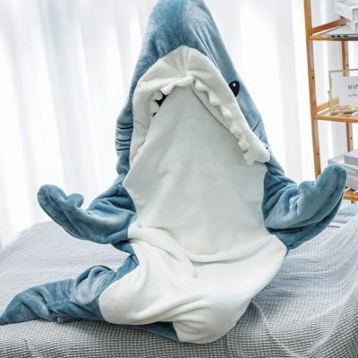 Kids shark hoodie, soft plush material, fun costume for children, cozy loungewear for kids, teen costume hoodie, playful sleepwear, comfortable kids clothing.