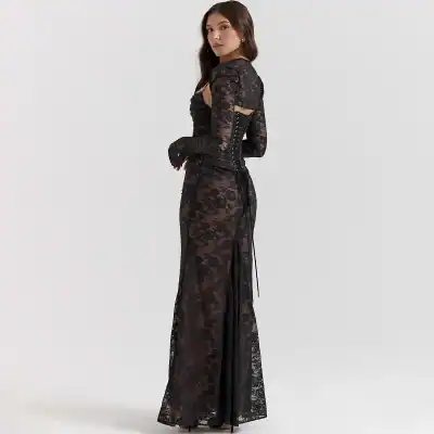 A stunning black lace gown featuring intricate floral lace design, side lace-up detail, and long sleeves, ideal for formal events and stylish outings.