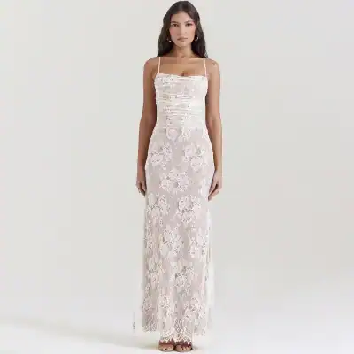 Lace wedding dress with spaghetti straps, fitted silhouette, and intricate floral detailing perfect for bridal or formal events. Shop Monalisa Store for premium bridal fashion quality.