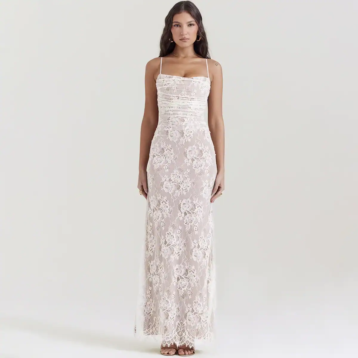 Lace wedding dress with spaghetti straps, fitted silhouette, and intricate floral detailing perfect for bridal or formal events. Shop Monalisa Store for premium bridal fashion quality.
