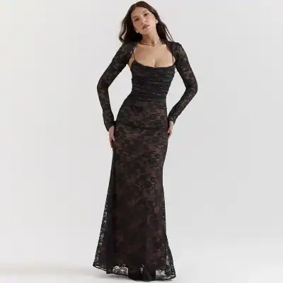 High-quality black lace evening gown with long sleeves, fitted silhouette, and sheer details for formal occasions and special events. Perfect for a glamorous look.