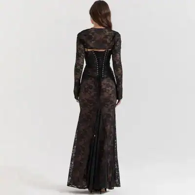 Black lace evening gown featuring a corset style back with lace-up closure and long sheer sleeves for a sophisticated look. Perfect for formal occasions and stylish events.