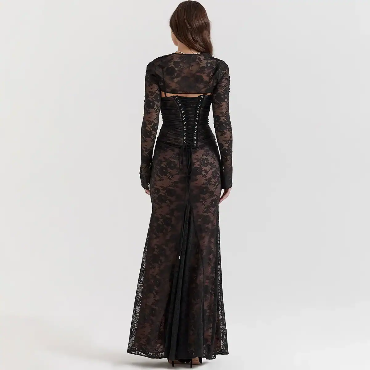 Black lace evening gown featuring a corset style back with lace-up closure and long sheer sleeves for a sophisticated look. Perfect for formal occasions and stylish events.