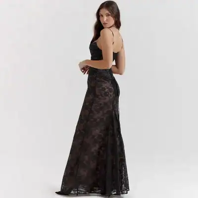 Lace black maxi dress, women's evening gown, formal dress, sleeveless black dress, elegant party dress, long lace dress for women, stylish evening gown, Monalisa Store fashion.