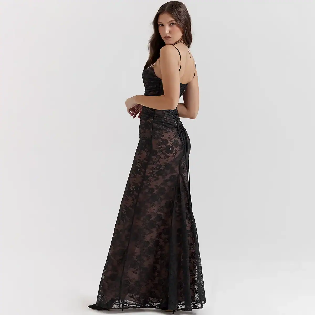 Lace black maxi dress, women's evening gown, formal dress, sleeveless black dress, elegant party dress, long lace dress for women, stylish evening gown, Monalisa Store fashion.