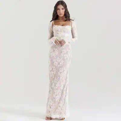 Lace evening gown featuring intricate floral patterns, long sleeves, and a fitted silhouette perfect for formal events and weddings.