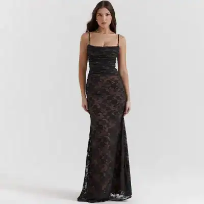 Black lace evening gown with adjustable spaghetti straps, fitted silhouette, and floor-length hem. Perfect for formal events, parties, and upscale gatherings.