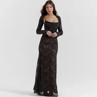 Stylish long-sleeve black lace maxi dress ideal for upscale events, fashion statements, and evening parties. Features fitted silhouette, intricate lace detailing, and a slit for a sophisticated look.
