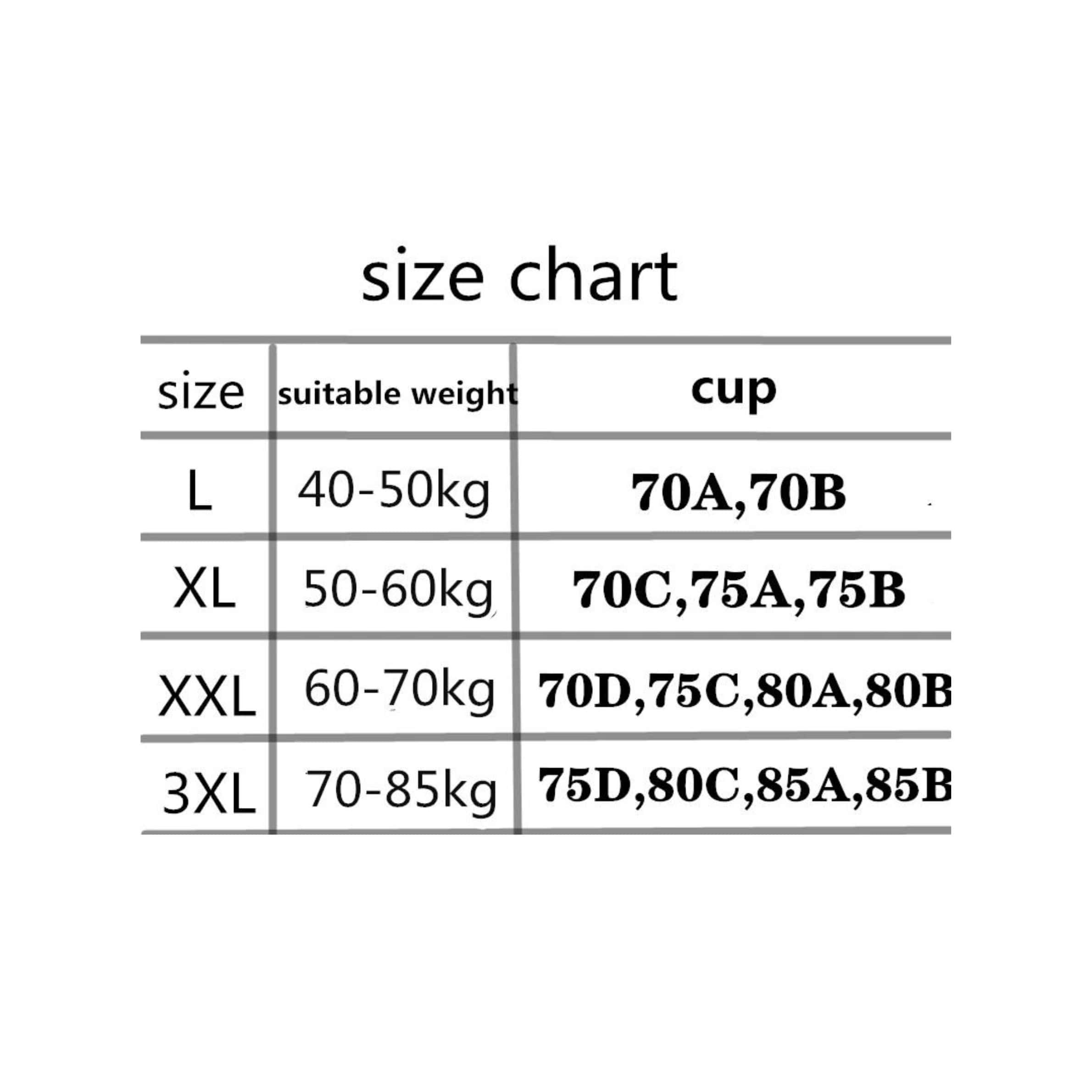 A comprehensive size guide for women's bras, including cup sizes and weight recommendations, to help customers choose the right fit for optimal comfort and support.