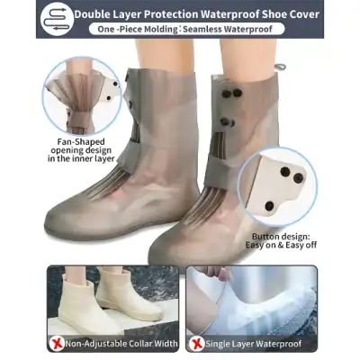 Durable waterproof shoe covers with fan-shaped openings and easy-on button design for outdoor activities, protecting footwear from water, mud, and dirt.