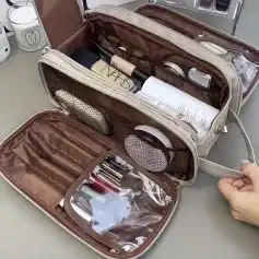 Makeup bag organizer for cosmetics and travel toiletries, featuring compartments for brushes, bottles, and personal care essentials, perfect for on-the-go lifestyle.