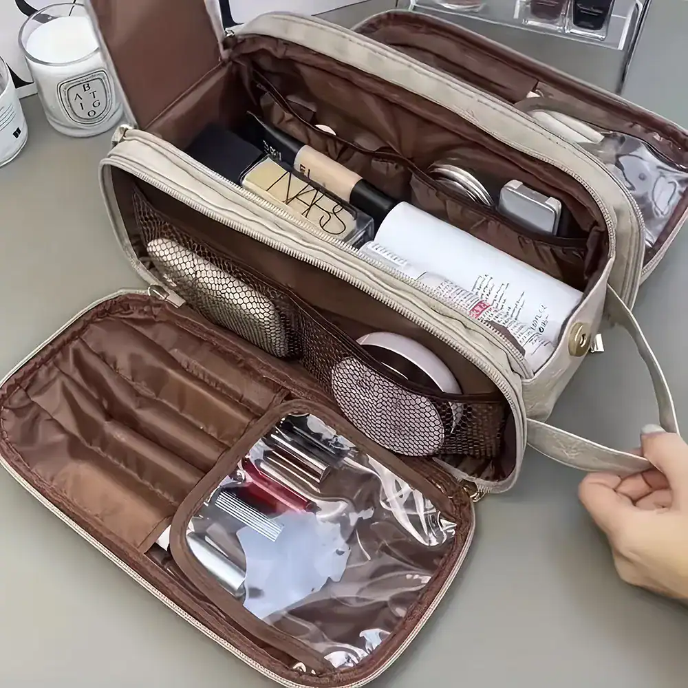 Makeup bag organizer for cosmetics and travel toiletries, featuring compartments for brushes, bottles, and personal care essentials, perfect for on-the-go lifestyle.