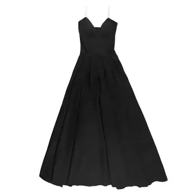 Stylish long black formal dress with spaghetti straps, fitted waist, and flowing skirt, perfect for special occasions and elegant events.