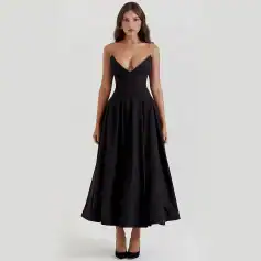 Stunning black evening gown with a fitted bodice and full-length skirt, perfect for formal events and parties, available at Monalisa Store.