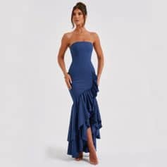 Stunning women’s strapless blue evening gown with ruffle details, perfect for special occasions, parties, or formal events. Designed for style and comfort, this chic dress enhances your silhouette.