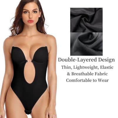 High-quality black bodysuit featuring a double-layered, lightweight, elastic, and breathable fabric design, perfect for a sleek and comfortable look.