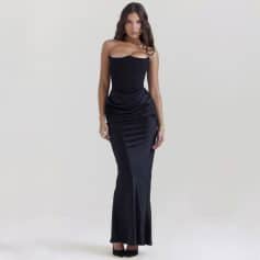 Enhance your style with this stunning black strapless gown, perfect for elegant events and formal gatherings. Made from high-quality fabrics, it offers a sleek fit and timeless design.