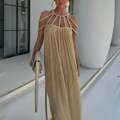 Stylish beige pleated dress with unique shoulder rope design for women at Monalisa Medical.