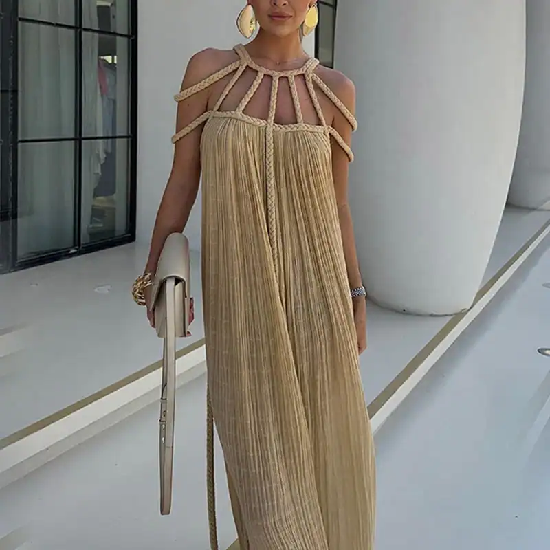 Stylish beige pleated dress with unique shoulder rope design for women at Monalisa Medical.