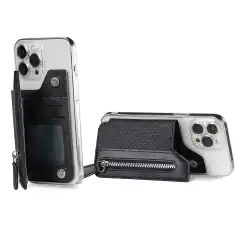 Black leather phone wallet with card slots and zipper pocket, compatible with iPhone 13 Pro. Perfect for convenience and secure carry.