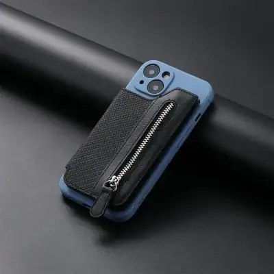 Dual-camera smartphone with black zipper wallet attachment.