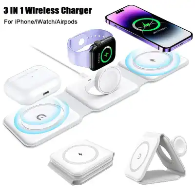 A versatile 3 in 1 wireless charging station compatible with iPhone, Apple Watch, and AirPods, designed for convenient and fast charging of multiple Apple devices simultaneously.