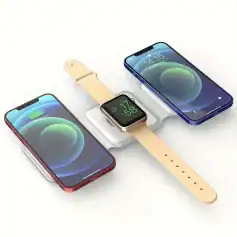 Alt text: Wireless charging station with a smartwatch and two iPhones charging simultaneously, showcasing modern tech accessories perfect for innovative optometry and eyewear retailers.
