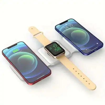 Alt text: Wireless charging station with a smartwatch and two iPhones charging simultaneously, showcasing modern tech accessories perfect for innovative optometry and eyewear retailers.