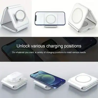 Wireless charger stand for mobile phones and AirPods, featuring multiple charging angles for convenience and fast, reliable energy transfer.