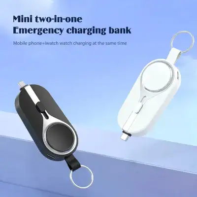 Compact dual-function battery charger for emergency use, charging mobile phones and smartwatches simultaneously. Perfect for travel and outdoor activities.