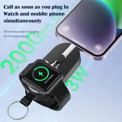 Compact wireless smartwatch charger for easy charging of your watch and phone simultaneously. Features 3W wireless charging and 5V/1A output plug for fast, convenient power transfer.